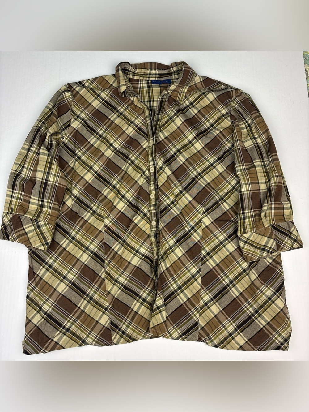 Basic Editions Women 3X Shirt Brown Tan Plaid Button Up 3/4 Sleeve Cotton Button
